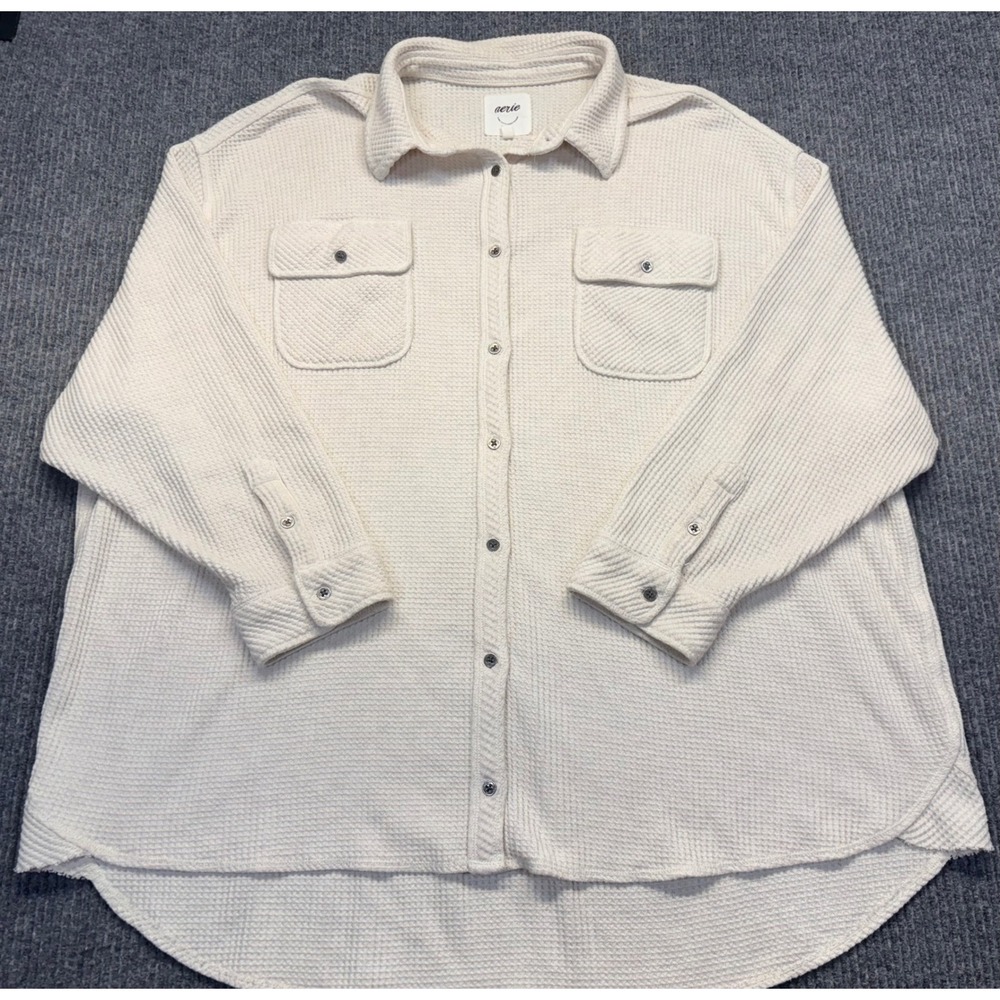 Aerie Womens XXL Cream Waffle Knit Button Down Oversized Shacket Shirt Ivory